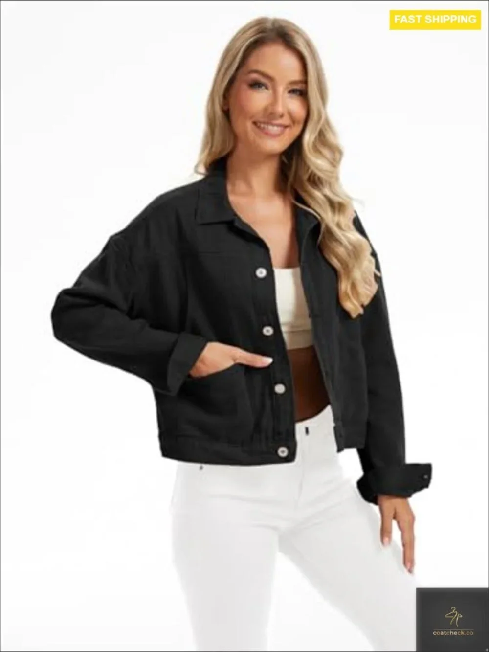 Oversized Cropped Denim Jacket Button Down Shacket Trucker Multi Pockets_2